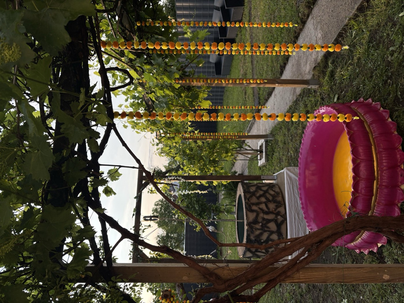 Garten-Setup für eine Puberty Ceremony mit Pergola und Marigold-Girlanden
