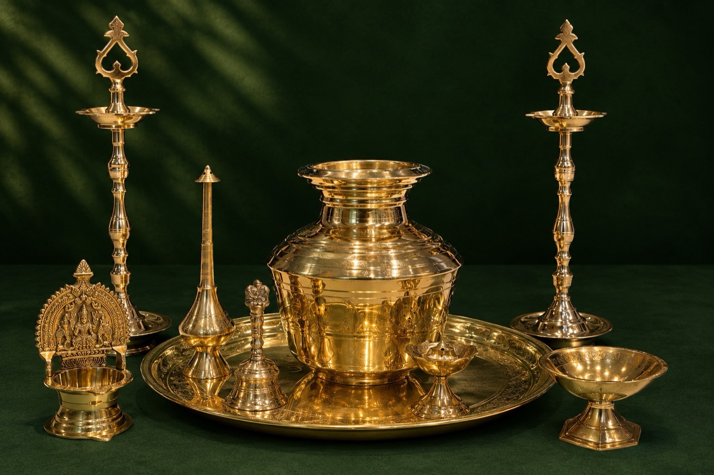 Niraikudam & Pooja-Set aus Messing: Krug, Thali, zwei Kuthu Vilakku, Kamatchi-Amman-Lampe, Panneer Sombu, Gebetsglocke und Diya