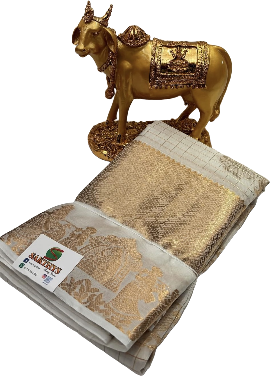 Weißer Kanchipuram Pure Silk Saree mit goldener Bordüre